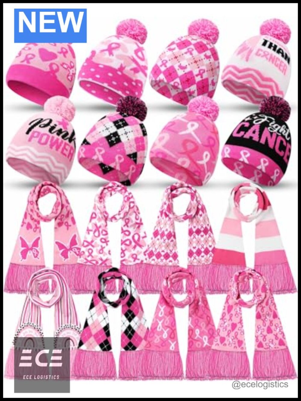 16 Pc Knitted Beanie and Scarf Set Breast Cancer Awareness Acrylic